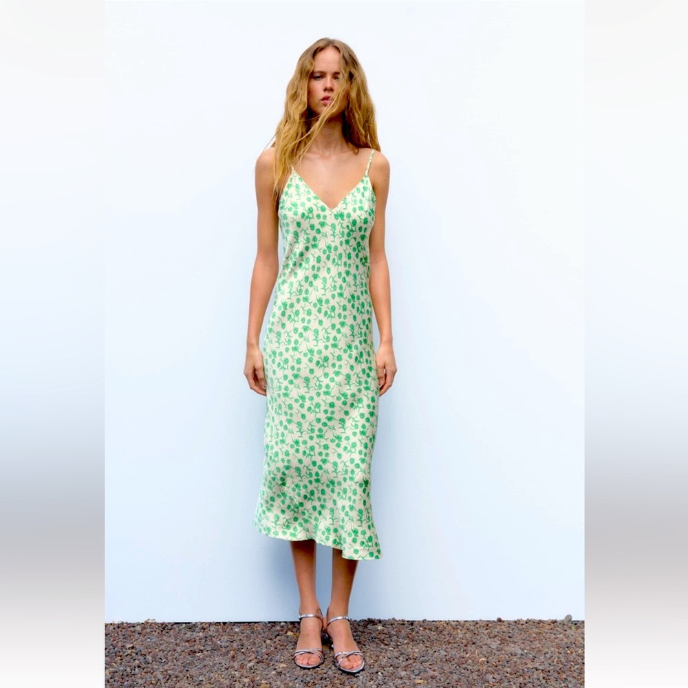ZARA Ecru and Green Long Floral Print Dress
